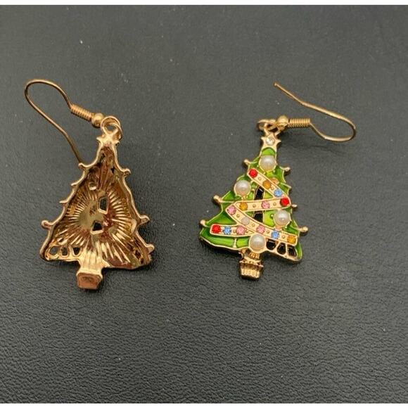 Colorful Rhinestone & Faux Pearl Gold Tone Christmas Tree Dangle Earrings - Picture 4 of 4